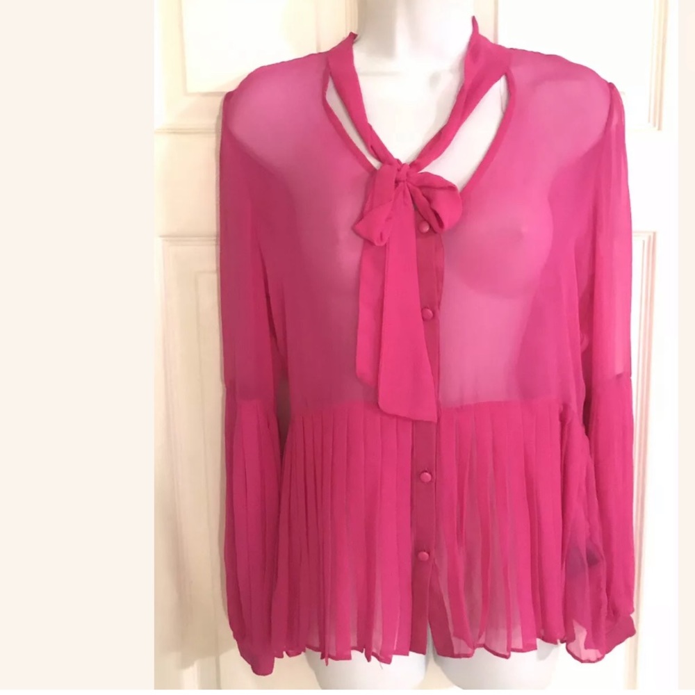 🆕 ARK & CO Silk Blouse Magenta Pink Pleated Ties
